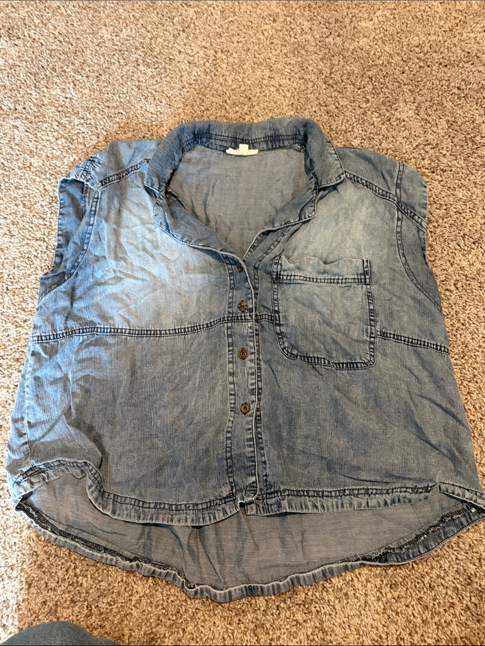 Sleeveless Light Wash Denim Button-Front Blouse